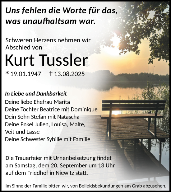 Traueranzeige von Kurt Tussler von Ausg. LR Spreewald RS