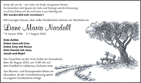 Traueranzeige von Liane Maria Nagdall von Ausg. LR Spreewald RS