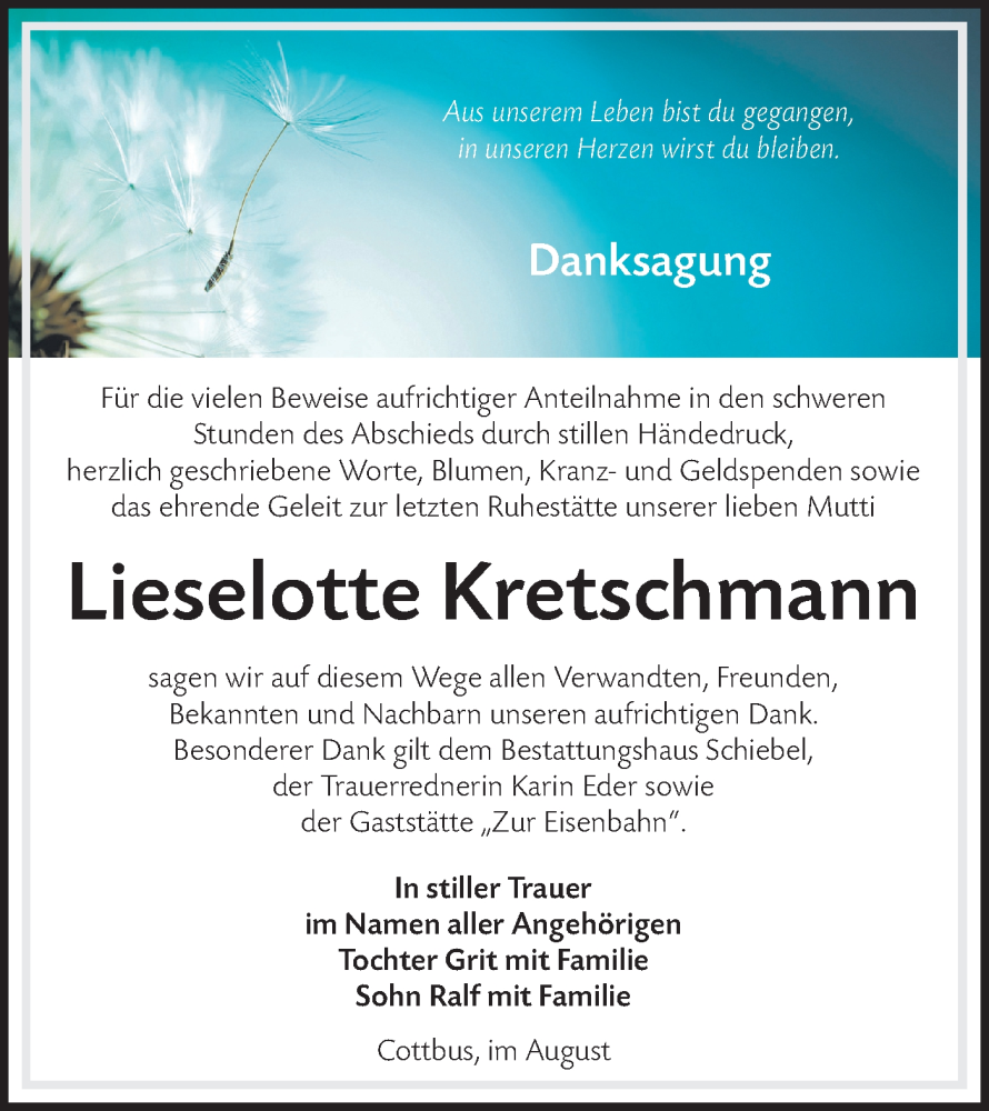  Traueranzeige für Lieselotte Kretschmann vom 23.08.2025 aus Lausitzer Rundschau