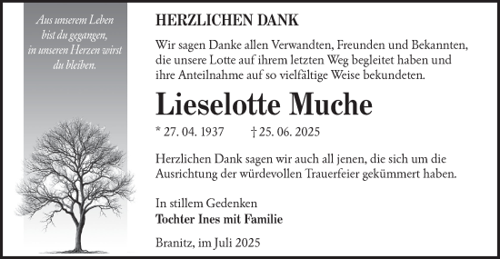 Traueranzeige von Lieselotte Muche von Lausitzer Rundschau