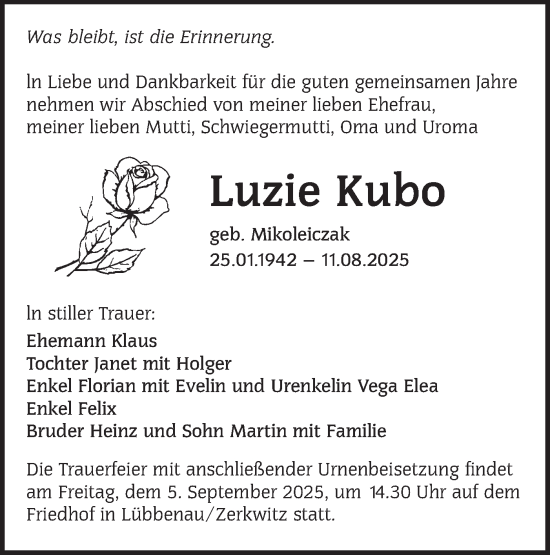 Traueranzeige von Luzie Kubo von Ausg. LR Spreewald RS