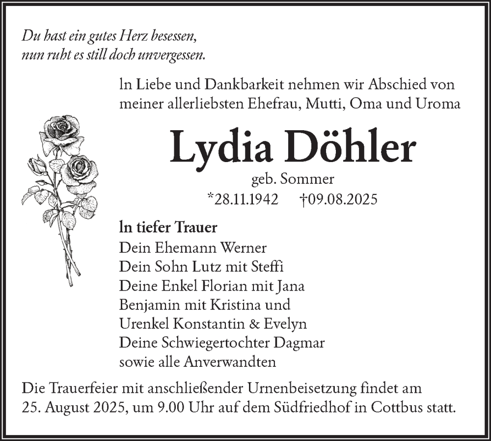  Traueranzeige für Lydia Döhler vom 16.08.2025 aus Lausitzer Rundschau