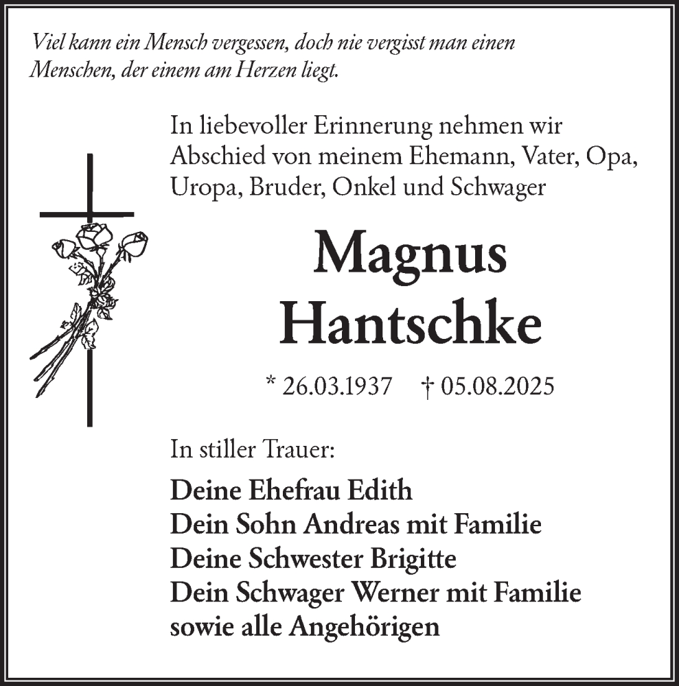  Traueranzeige für Magnus Hantschke vom 23.08.2025 aus Lausitzer Rundschau
