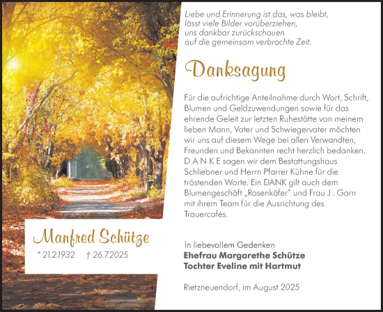 Traueranzeige von Manfred Schütze von Lausitzer Rundschau