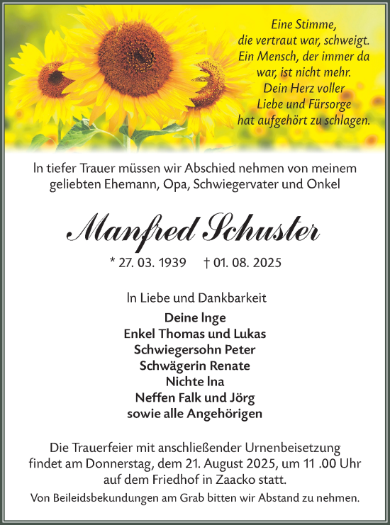 Traueranzeige von Manfred Schuster von Lausitzer Rundschau