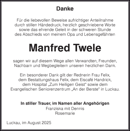 Traueranzeige von Manfred Twele von Lausitzer Rundschau