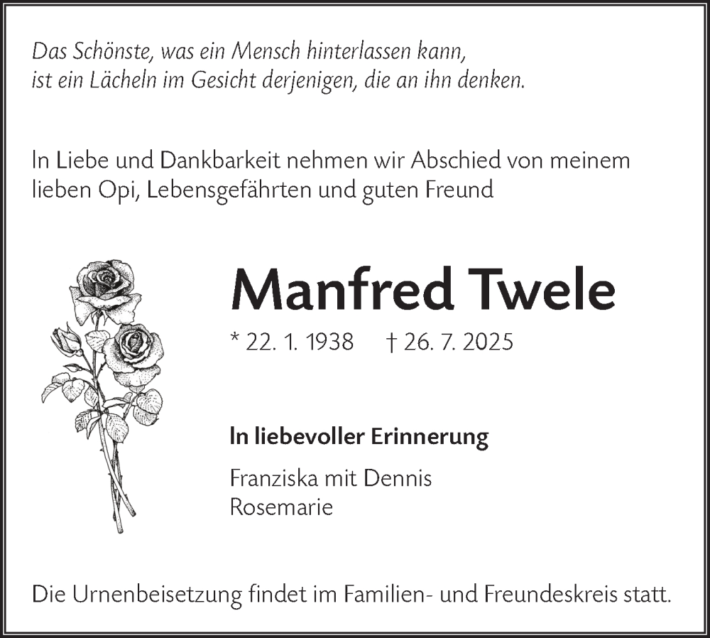  Traueranzeige für Manfred Twele vom 09.08.2025 aus Lausitzer Rundschau