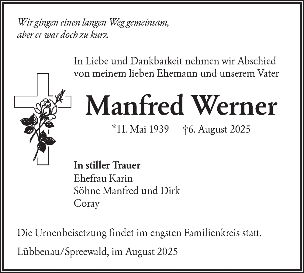  Traueranzeige für Manfred Werner vom 16.08.2025 aus Lausitzer Rundschau