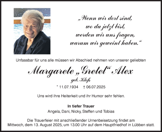 Traueranzeige von Margarete Alex von Lausitzer Rundschau