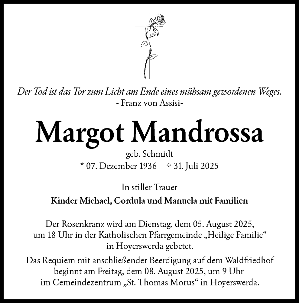  Traueranzeige für Margot Mandrossa vom 05.08.2025 aus Lausitzer Rundschau