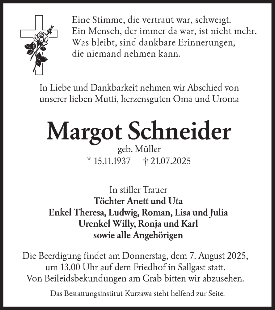  Traueranzeige für Margot Schneider vom 02.08.2025 aus Lausitzer Rundschau