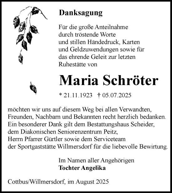Traueranzeige von Maria Schröter von Lausitzer Rundschau