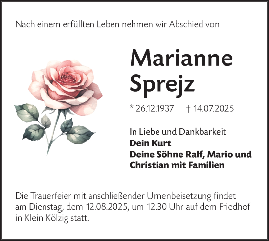 Traueranzeige von Marianne Sprejz von Lausitzer Rundschau