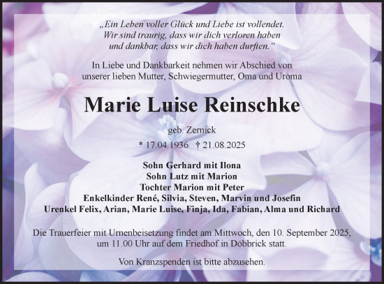 Traueranzeige von Marie Luise Reinschke von Lausitzer Rundschau