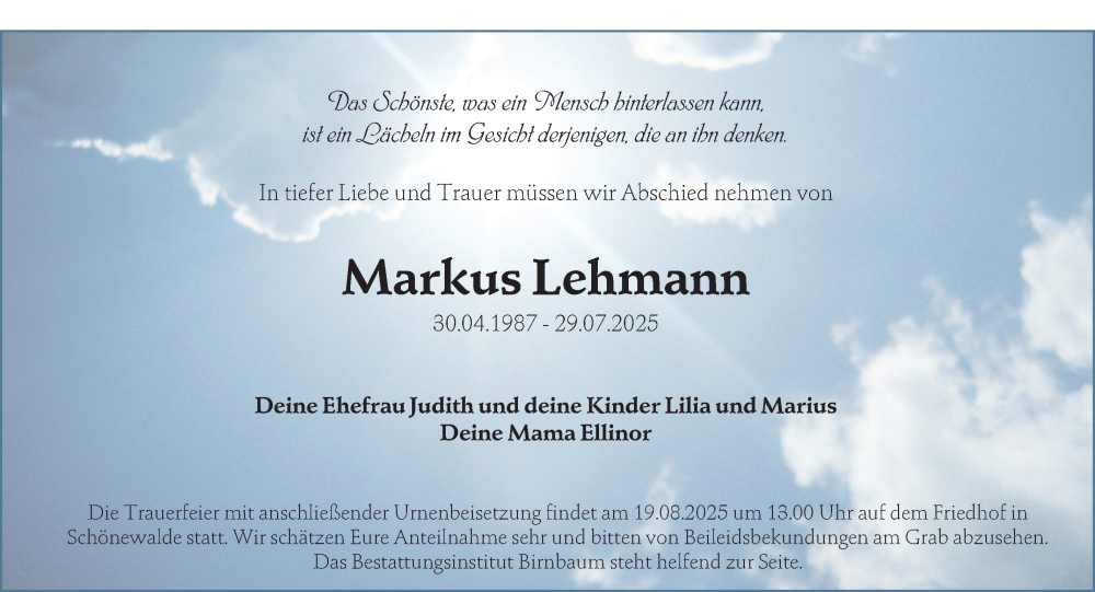  Traueranzeige für Markus Lehmann vom 09.08.2025 aus Lausitzer Rundschau