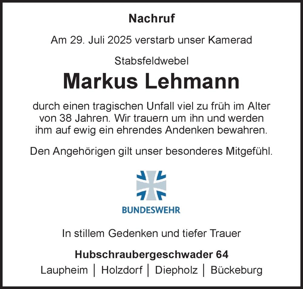  Traueranzeige für Markus Lehmann vom 16.08.2025 aus Lausitzer Rundschau