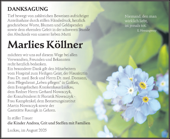 Traueranzeige von Marlies Köllner von Lausitzer Rundschau