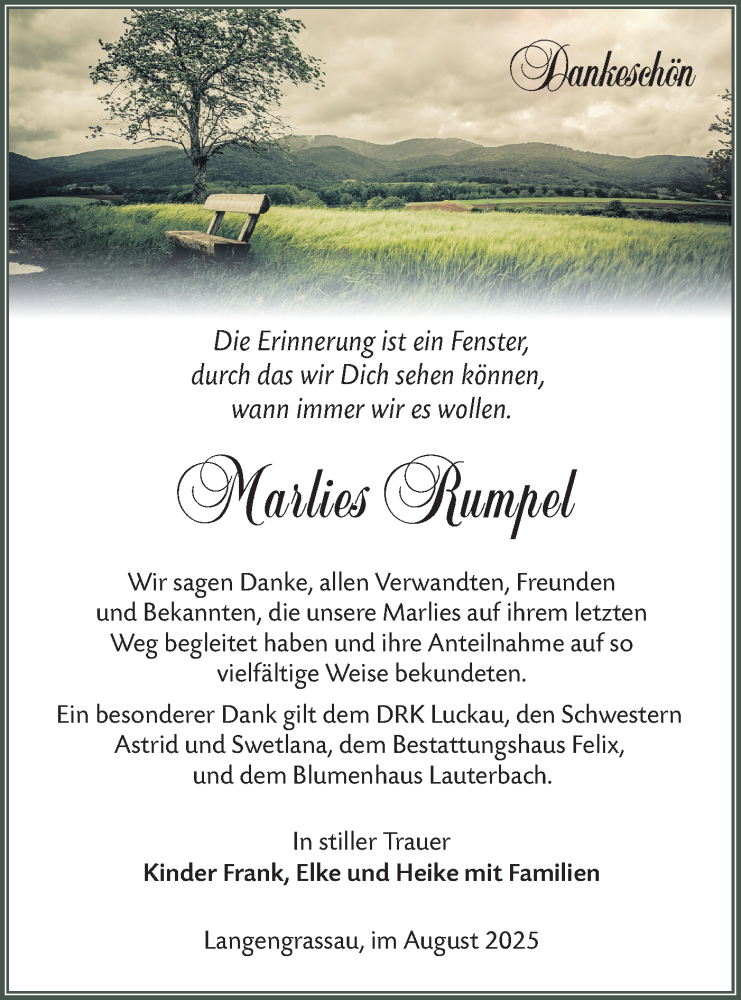  Traueranzeige für Marlies Rumpel vom 30.08.2025 aus Lausitzer Rundschau