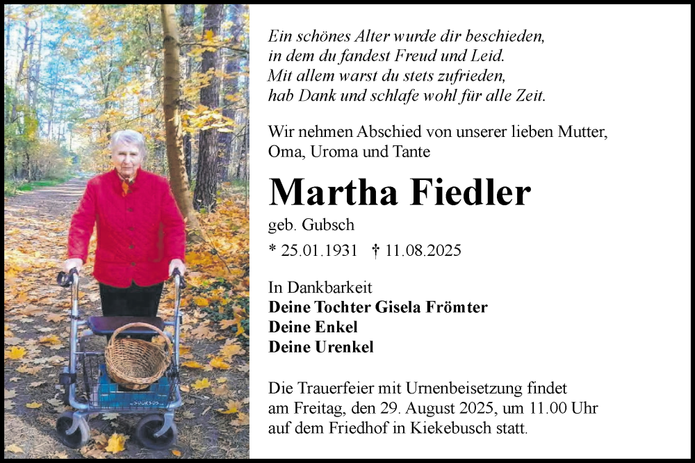  Traueranzeige für Martha Fiedler vom 23.08.2025 aus Lausitzer Rundschau