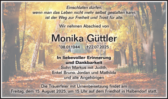 Traueranzeige von Monika Güttler von Lausitzer Rundschau