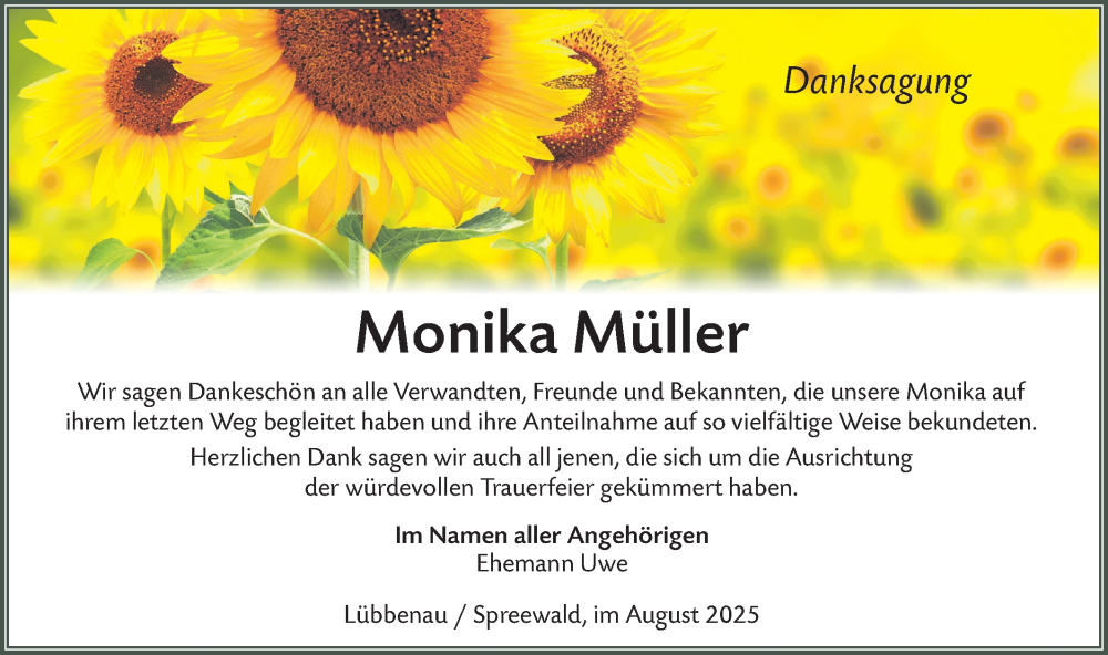  Traueranzeige für Monika Müller vom 16.08.2025 aus Lausitzer Rundschau