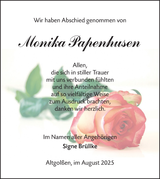 Traueranzeige von Monika Papenhusen von Lausitzer Rundschau