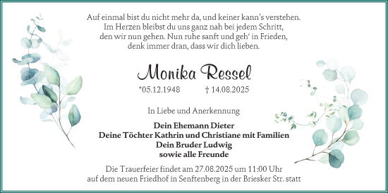 Traueranzeige von Monika Ressel von Lausitzer Rundschau