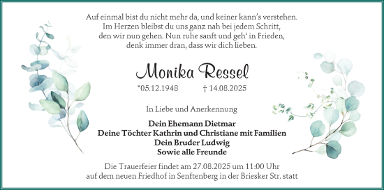Traueranzeige von Monika Ressel von Lausitzer Rundschau