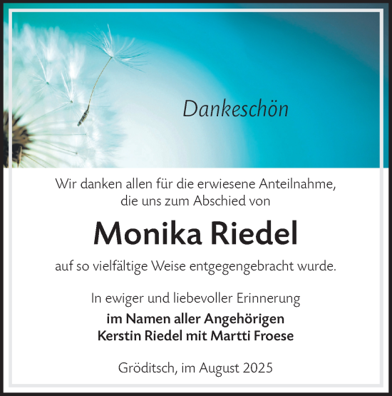 Traueranzeige von Monika Riedel von Lausitzer Rundschau