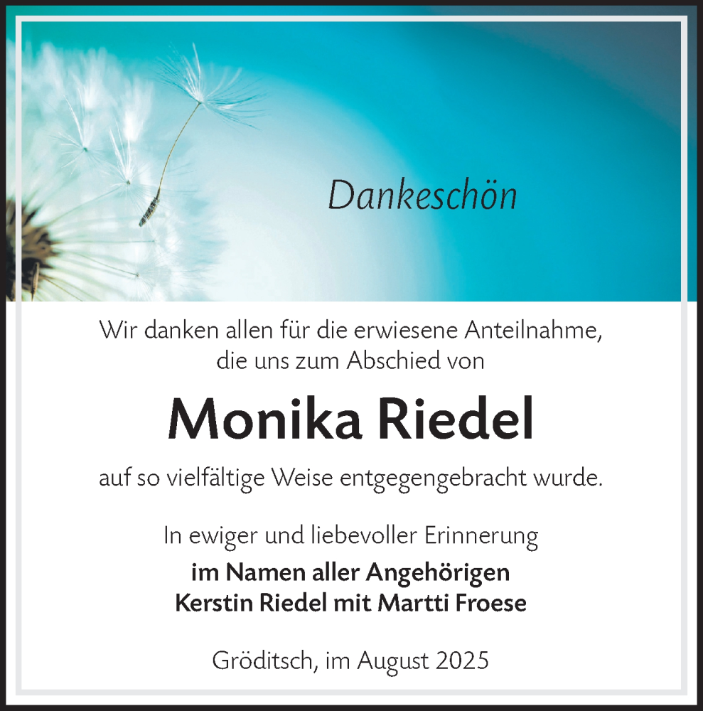  Traueranzeige für Monika Riedel vom 16.08.2025 aus Lausitzer Rundschau