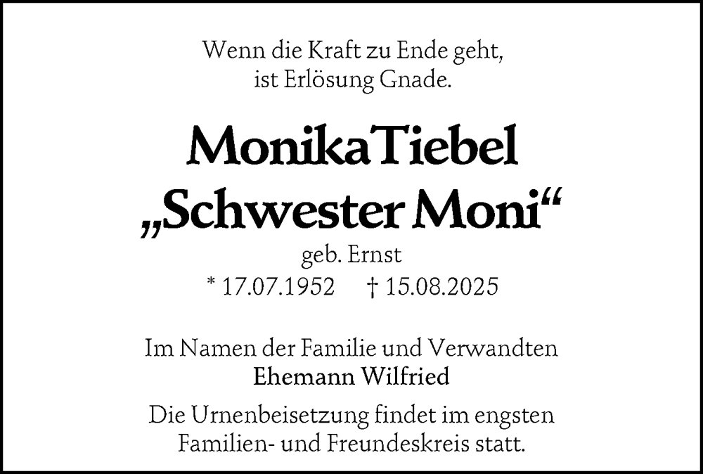  Traueranzeige für Monika Tiebel vom 30.08.2025 aus Lausitzer Rundschau