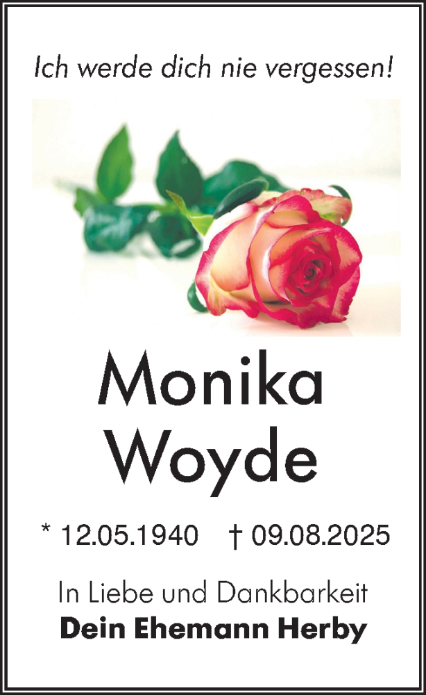  Traueranzeige für Monika Woyde vom 23.08.2025 aus Lausitzer Rundschau