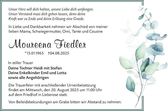 Traueranzeige von Moureena Fiedler von Lausitzer Rundschau