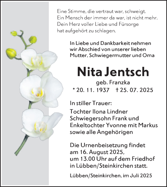Traueranzeige von Nita Jentsch von Lausitzer Rundschau