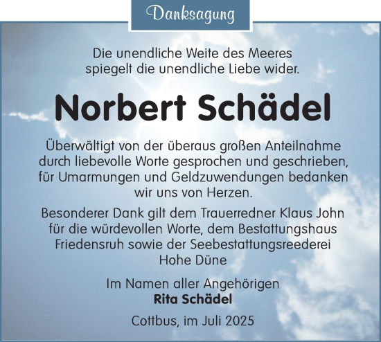 Traueranzeige von Norbert Schädel von Lausitzer Rundschau