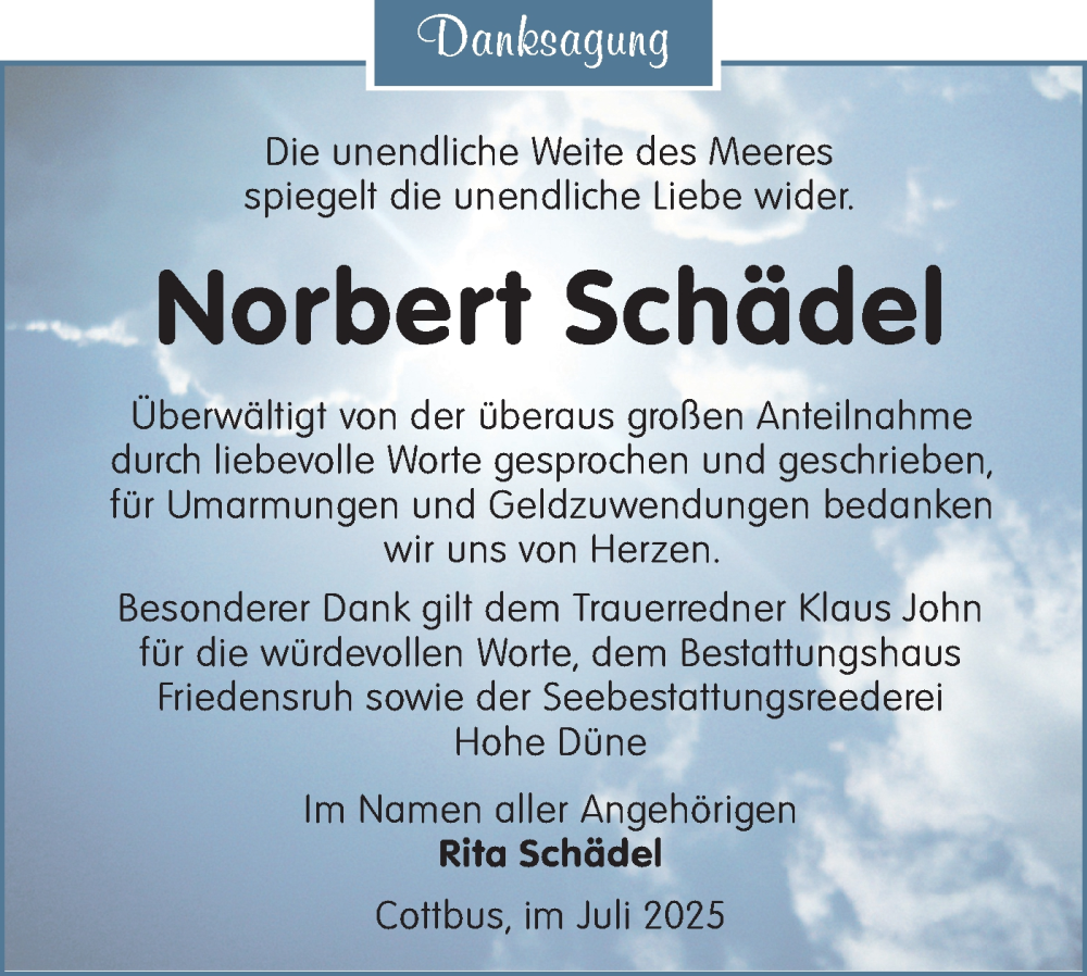  Traueranzeige für Norbert Schädel vom 02.08.2025 aus Lausitzer Rundschau