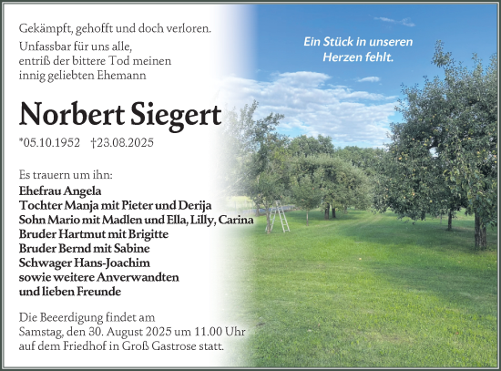 Traueranzeige von Norbert Siegert von Lausitzer Rundschau