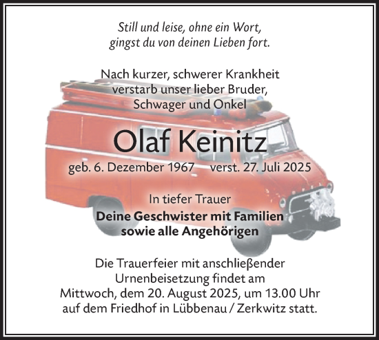 Traueranzeige von Olaf Keinitz von Lausitzer Rundschau