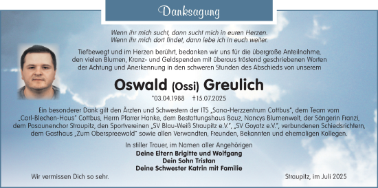 Traueranzeige von Oswald Greulich von Lausitzer Rundschau