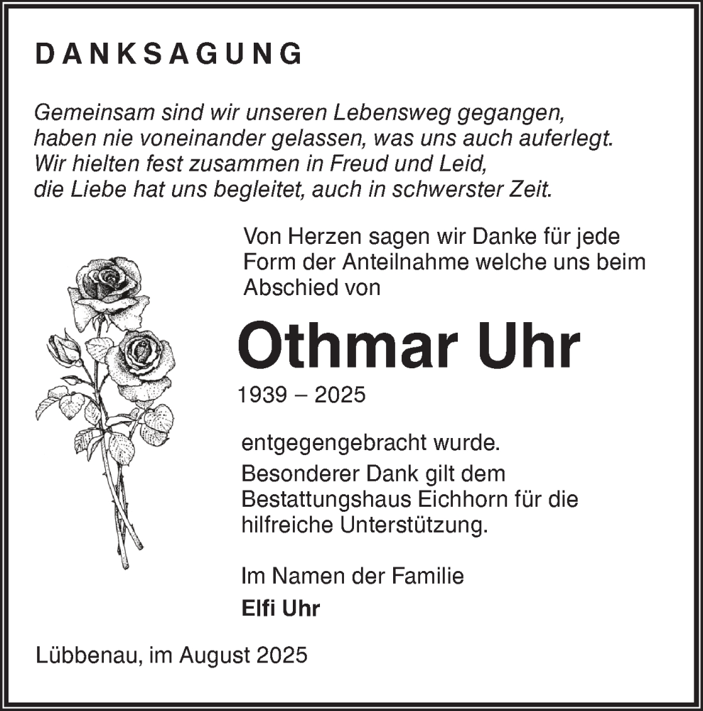  Traueranzeige für Othmar Uhr vom 09.08.2025 aus Lausitzer Rundschau