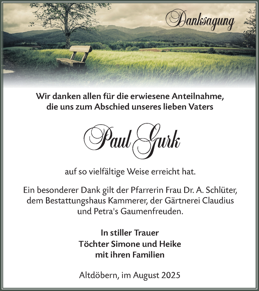 Traueranzeige für Paul Gurk vom 16.08.2025 aus Lausitzer Rundschau