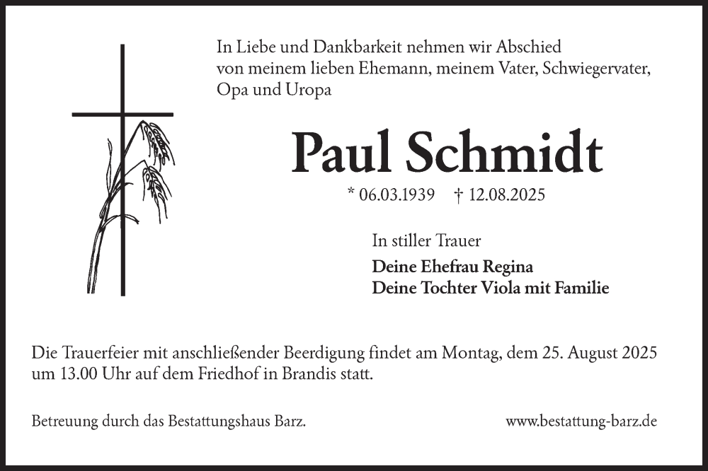  Traueranzeige für Paul Schmidt vom 16.08.2025 aus Lausitzer Rundschau