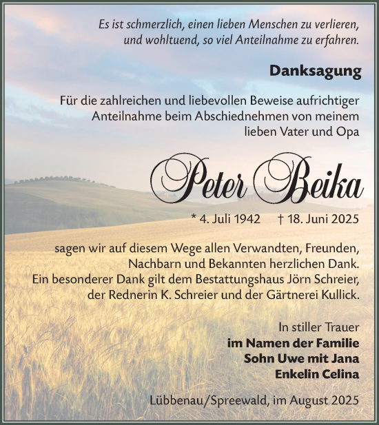 Traueranzeige von Peter Beika von Lausitzer Rundschau