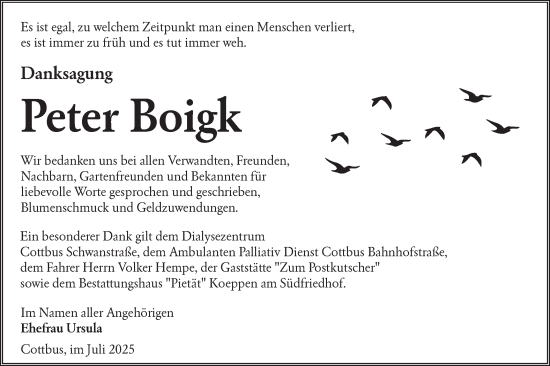 Traueranzeige von Peter Boigk von Lausitzer Rundschau