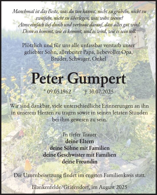 Traueranzeige von Peter Gumpert von Lausitzer Rundschau