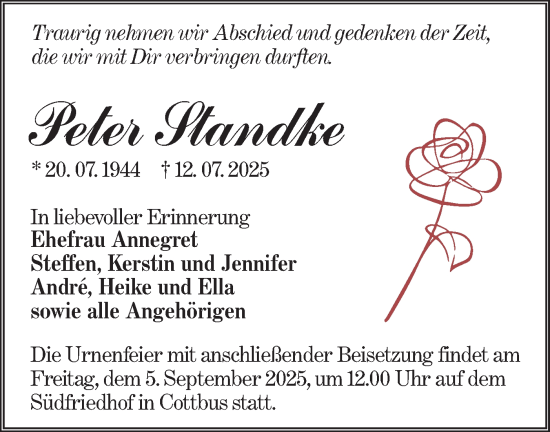 Traueranzeige von Peter Standke von Lausitzer Rundschau