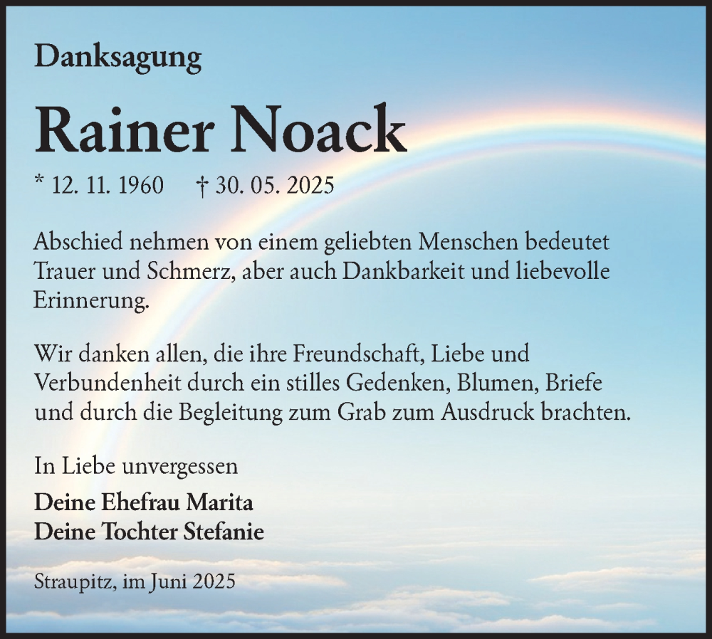  Traueranzeige für Rainer Noack vom 09.08.2025 aus Lausitzer Rundschau