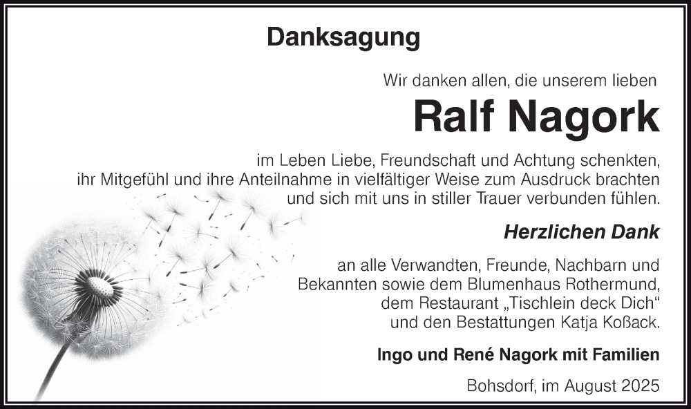  Traueranzeige für Ralf Nagork vom 23.08.2025 aus Lausitzer Rundschau