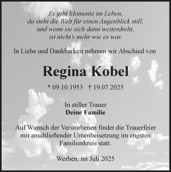 Traueranzeige von Regina Kobel von Lausitzer Rundschau