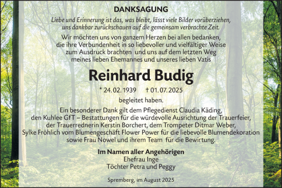 Traueranzeige von Reinhard Budig von Lausitzer Rundschau